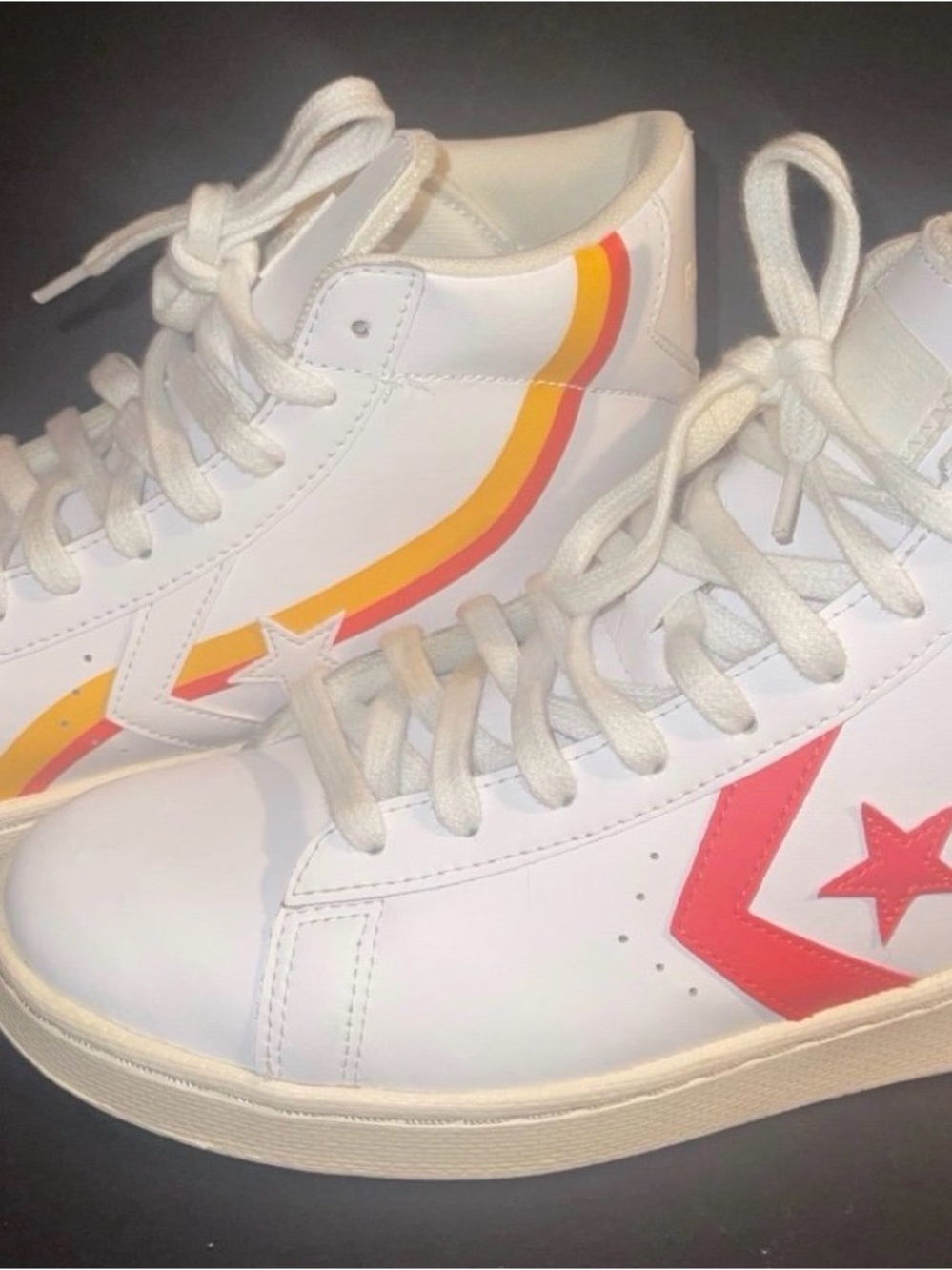 Converse White High Top Sneakers with Red Chevron & Yellow-Orange Stripe